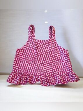 Zara Pink and White Geometric Ruffle Hem Tank Top